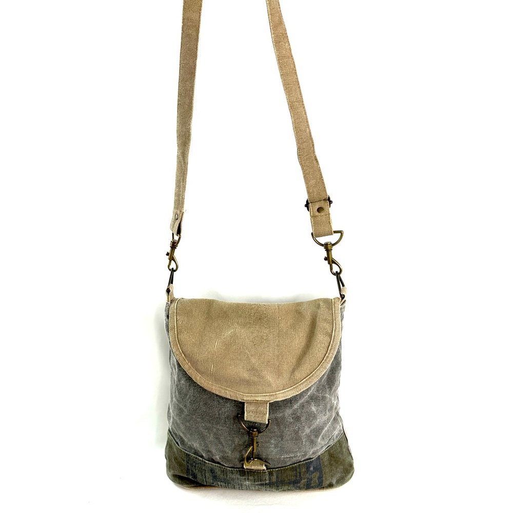 Mona B Taupe Gray Canvas Leather Medium Shoulder Bag Purse Flap Latch Recycled